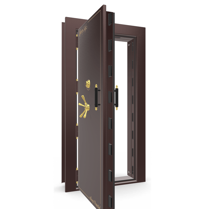 Vault Door Left Outswing | Burgundy Gloss | Brass Electronic Lock | 81-85"(H) x 27-42"(W) x 7-10"(D)